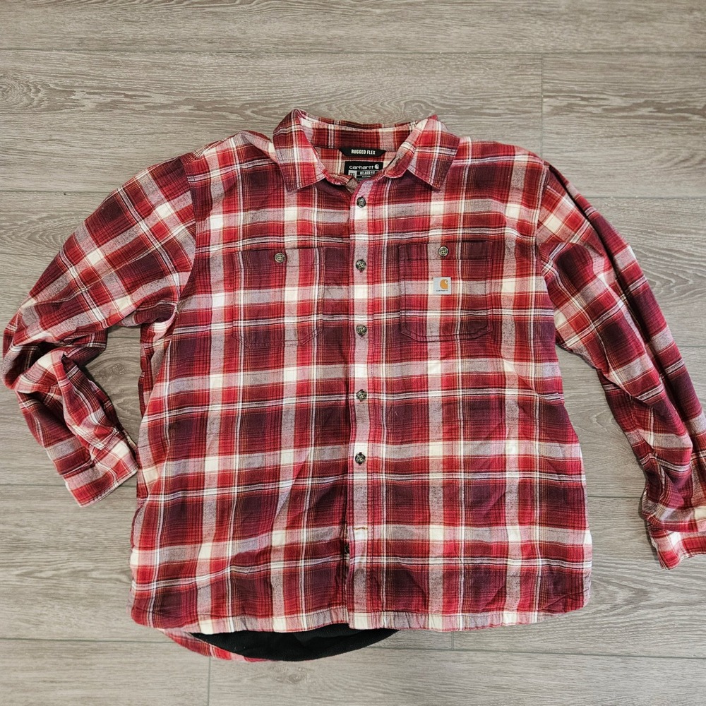 Carhartt Mens Rugged Flex Fleece Lined Flannel Shirt Jacket Red Plaid 2XL 104913